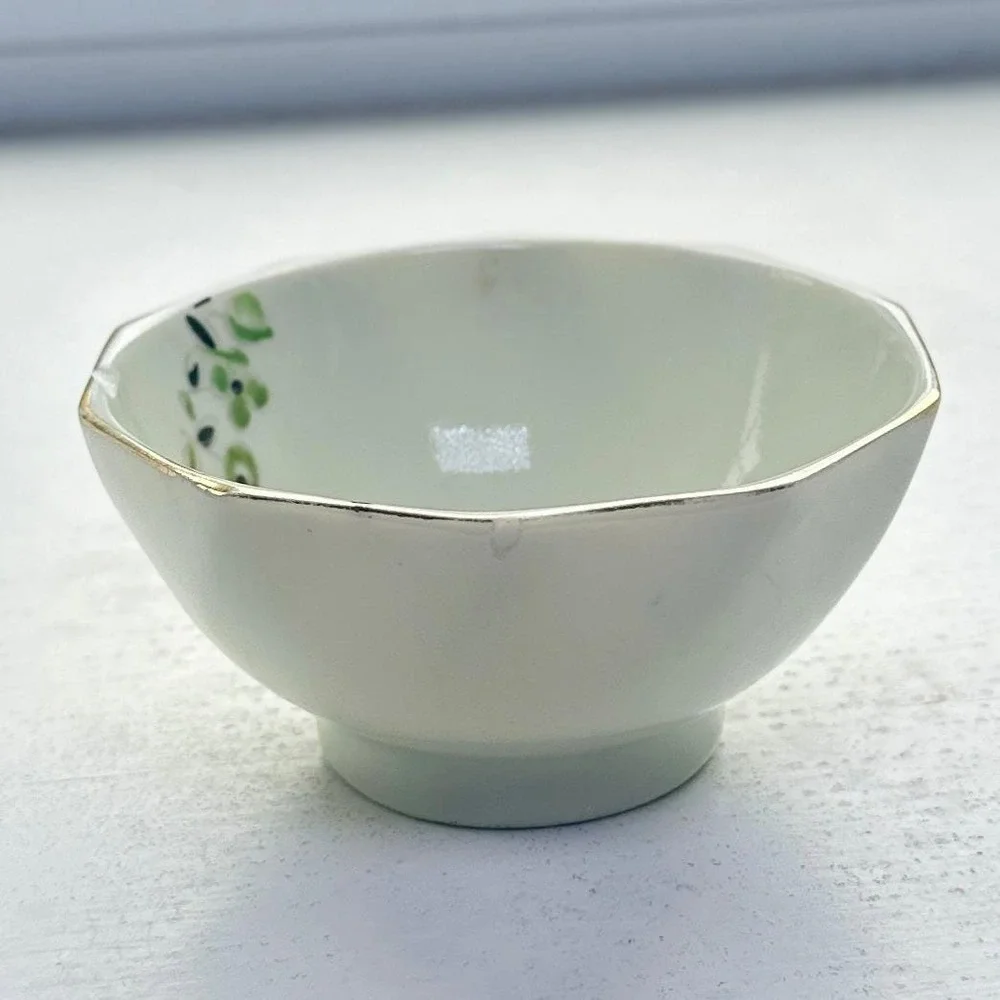 Vintage Chinese Porcelain Tea Bowl Octagonal Hand Painted Floral Gold Rim Mark